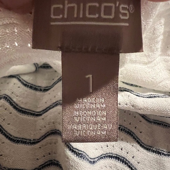 Chico's Women’s Sz 1 White Blue Silver Print 3/4 Sleeve Open Front Cardigan Top - Picture 5 of 7